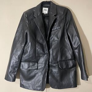 Zara Black Single Button Vegan Faux Leather Jacket Sz Medium